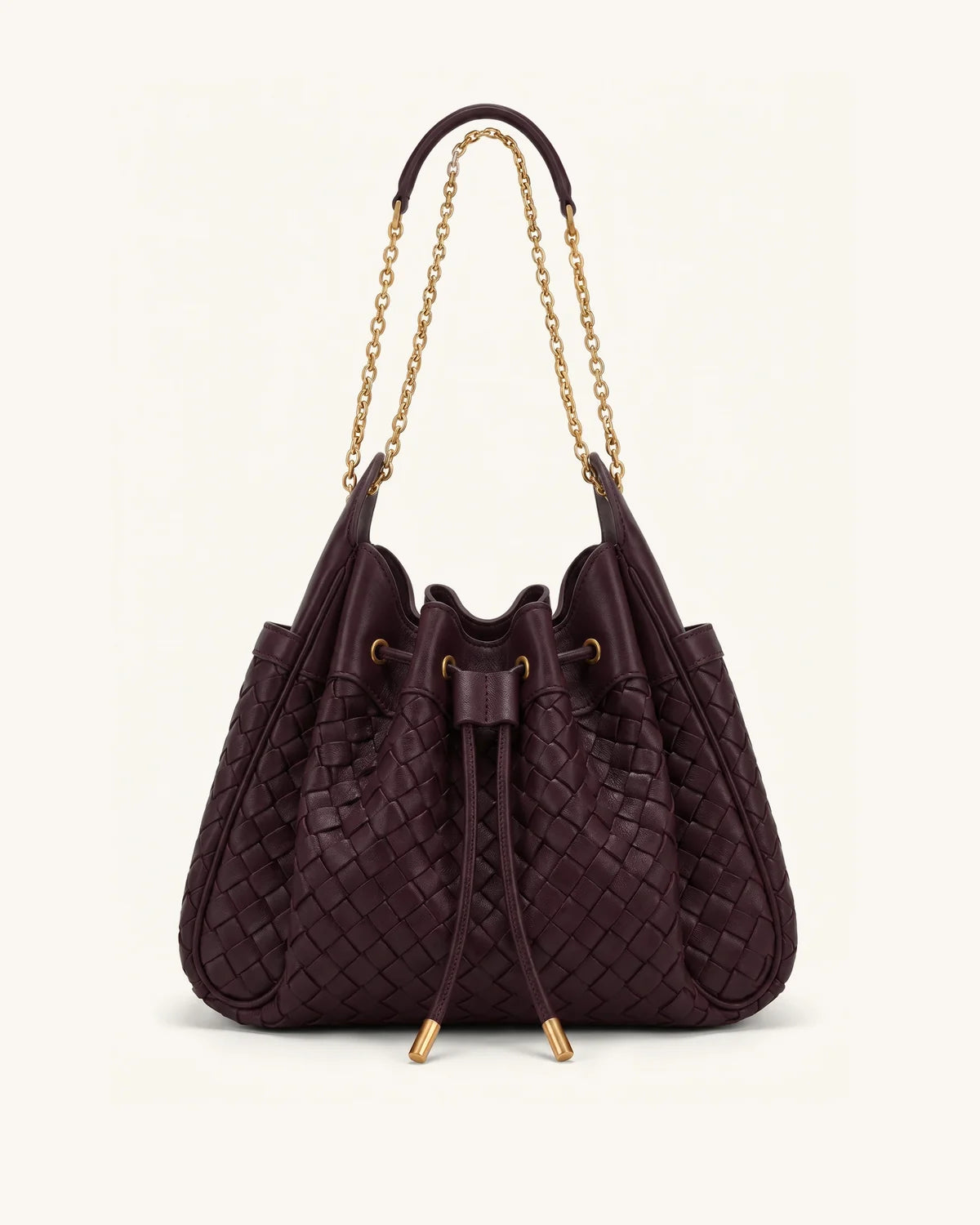 Rowan Weaving Ruched Drawstring Chain Bucket Bag - Dark Cherry
