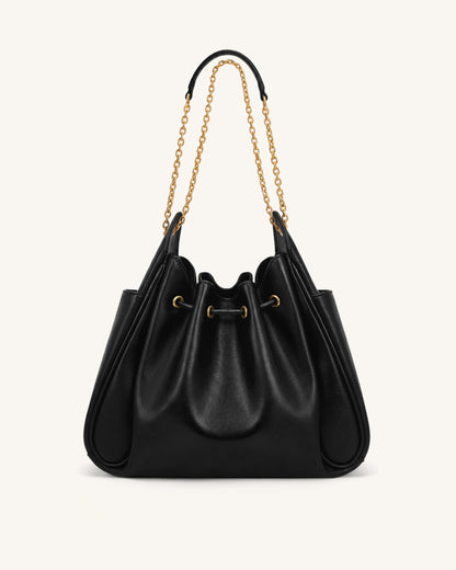 Rowan Ruched Drawstring Chain Bucket Bag - Black