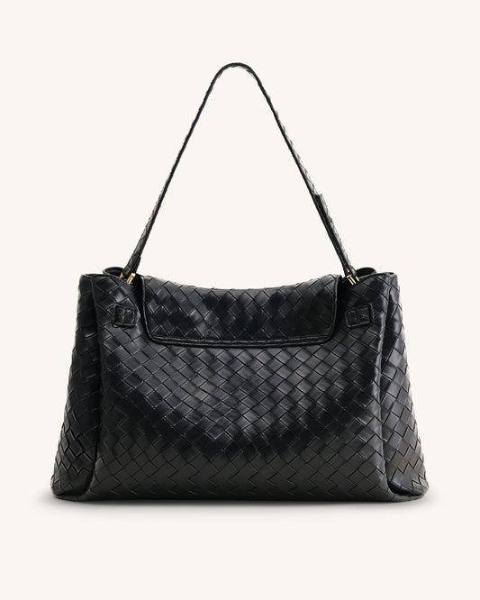 Rhea Large Woven Textured Shoulder Bag - Black