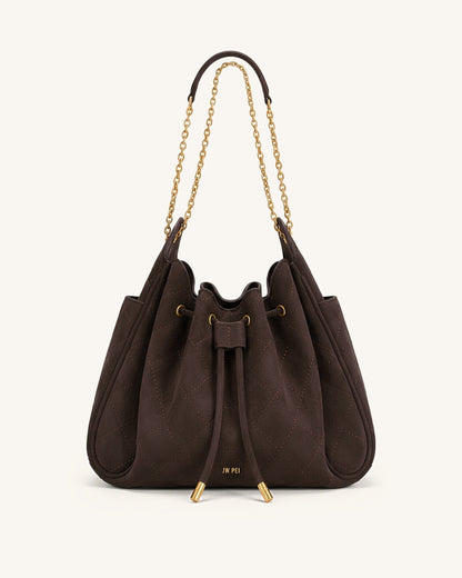 Rowan Faux Suede Quilted Chain Bucket Bag - Dark Brown