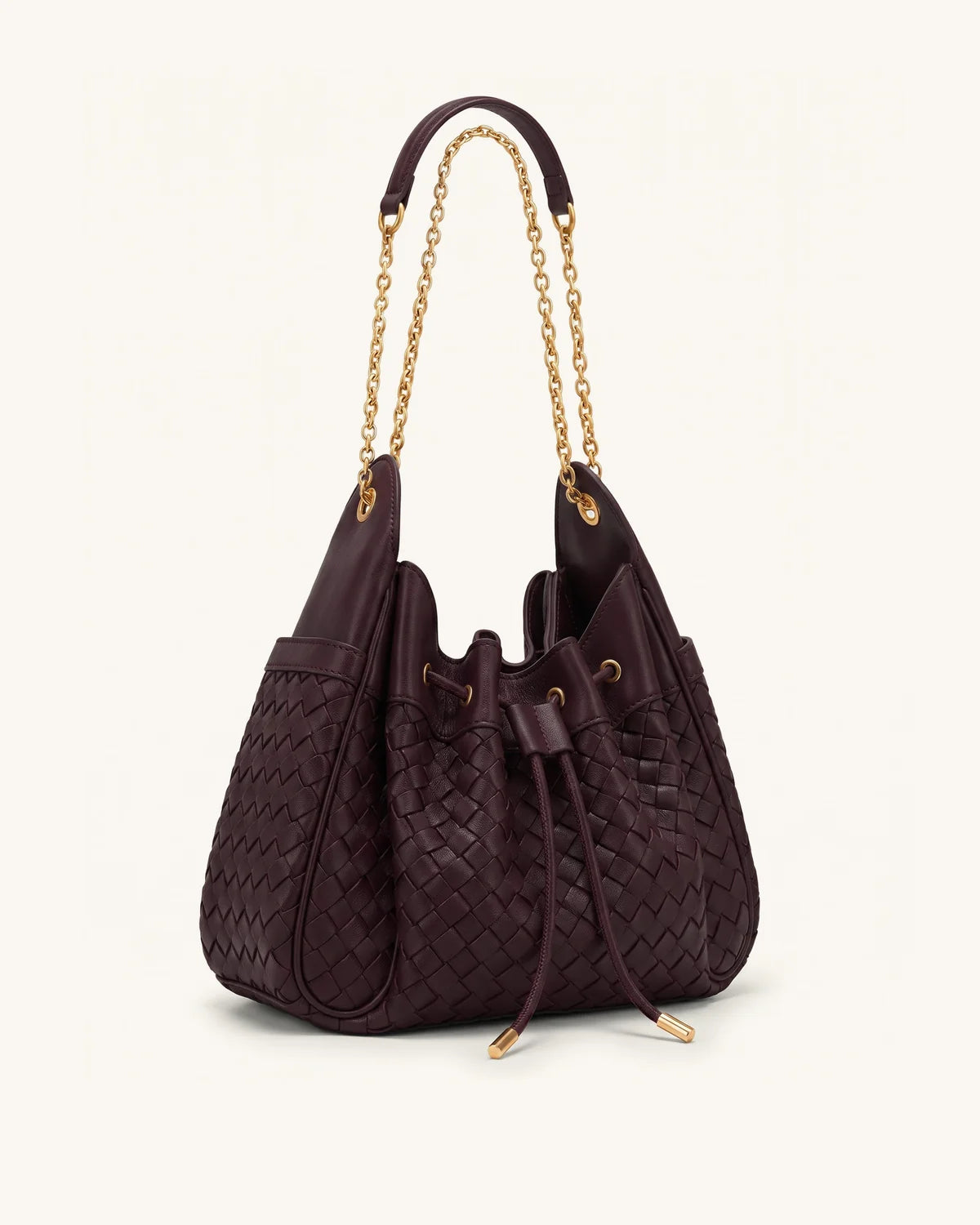 Rowan Weaving Ruched Drawstring Chain Bucket Bag - Dark Cherry