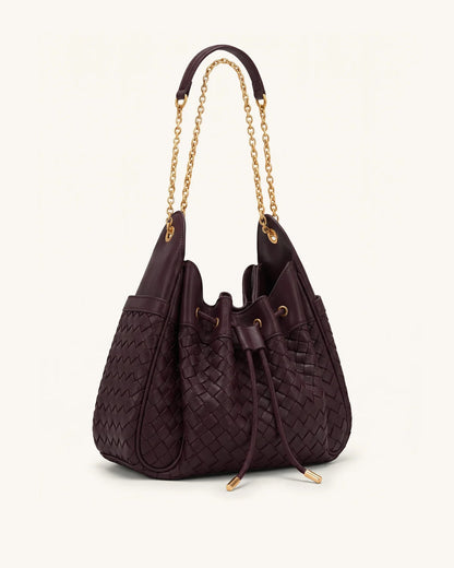 Rowan Weaving Ruched Drawstring Chain Bucket Bag - Dark Cherry