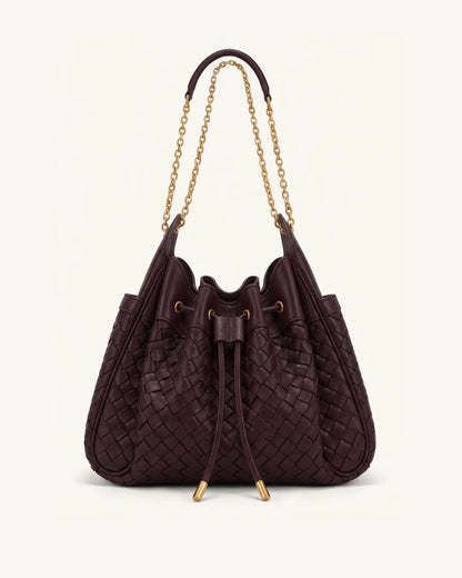 Rowan Weaving Ruched Drawstring Chain Bucket Bag - Dark Cherry