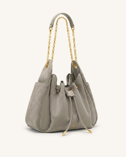 Rowan Faux Suede Quilted Chain Bucket Bag - Gray
