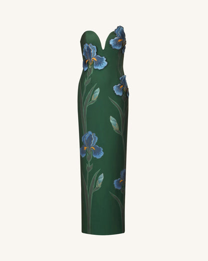 Iris Embroidered Notch Neck Strapless Maxi Dress - Emerald Green