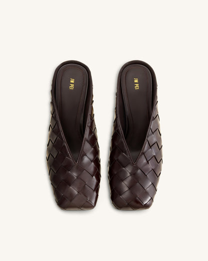 Ellie Woven Square-Toe Mule Heels - Dark Brown