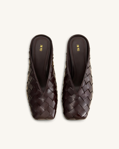 Ellie Woven Square-Toe Mule Heels - Dark Brown