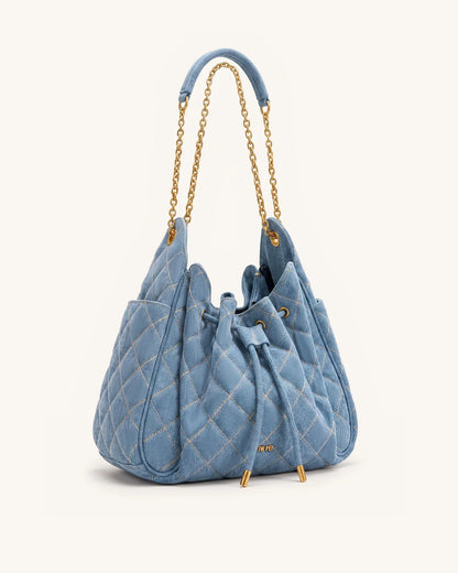Rowan Ruched Quilting Drawstring Chain Bucket Bag - Blue Denim