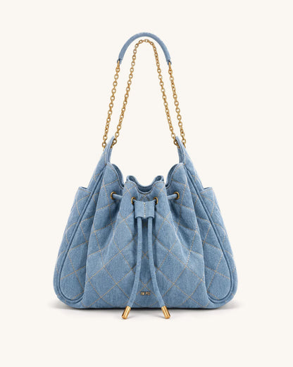 Rowan Ruched Quilting Drawstring Chain Bucket Bag - Blue Denim
