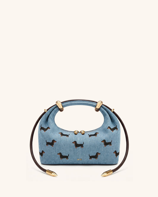 Ellie Embroidery Metal Ring Embellished Top Handle Bag - Vintage Blue Denim