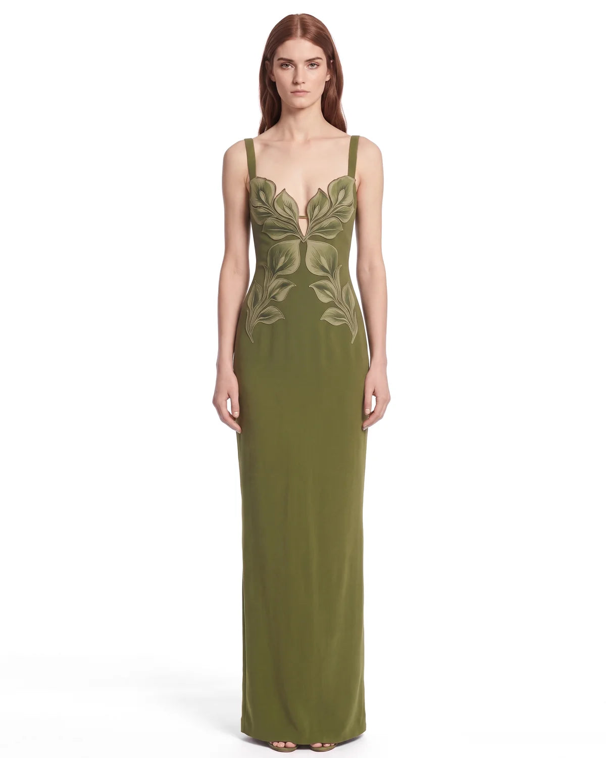 3D Leaf Strappy Column Maxi Dress - Olive Green