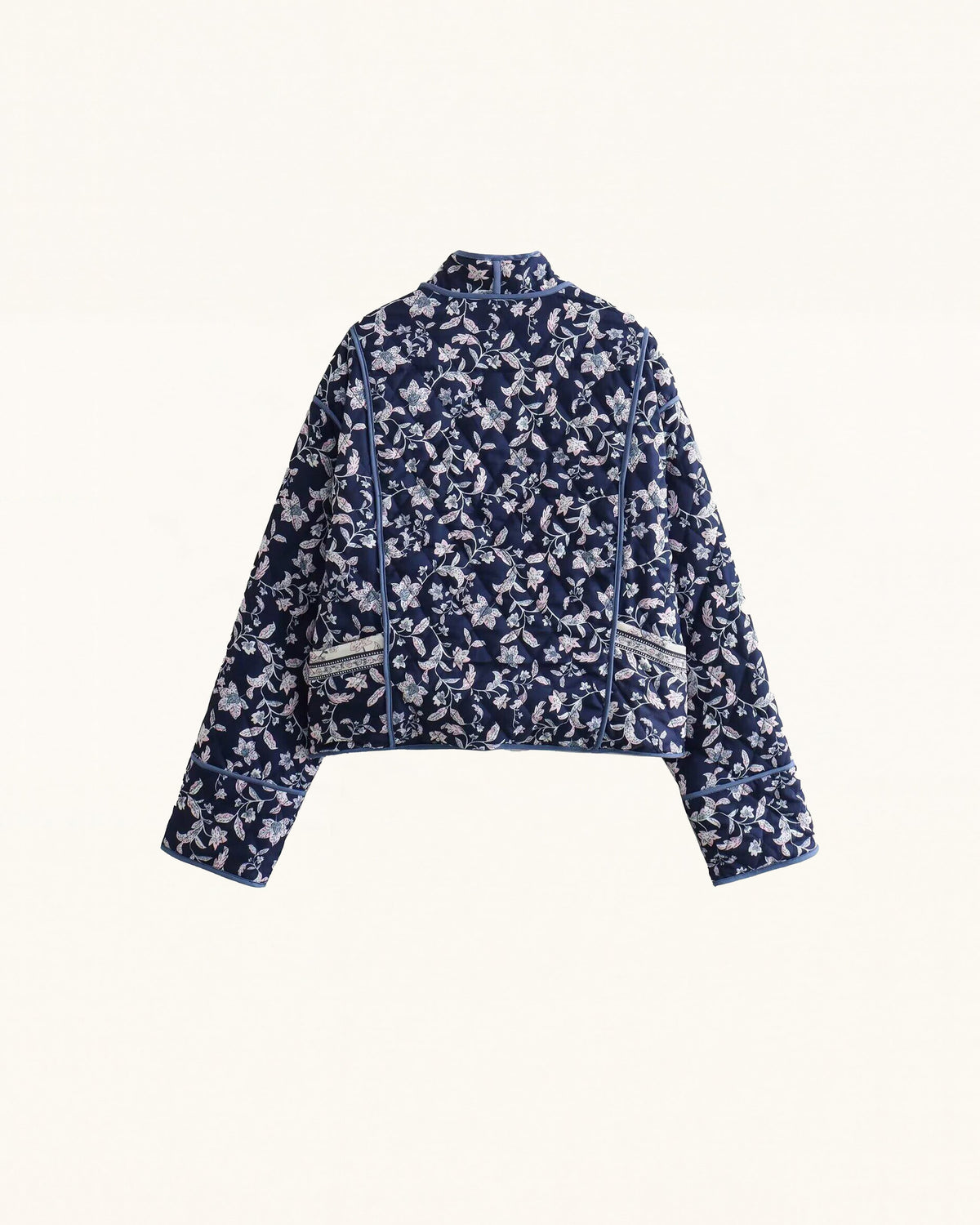 Floral Print Polyester Jacket - Navy Blue