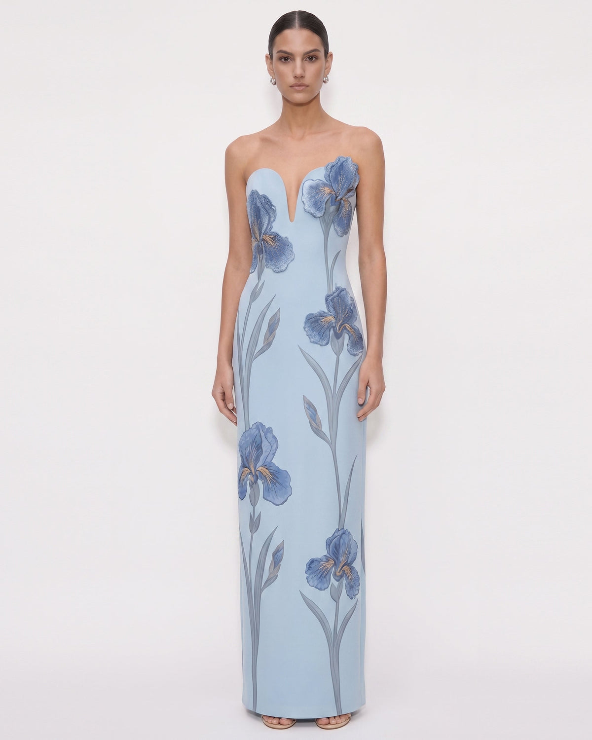 Iris Embroidered Notch Neck Strapless Maxi Dress - Light Blue