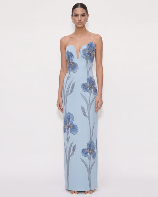 Iris Embroidered Notch Neck Strapless Maxi Dress - Light Blue