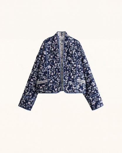 Floral Print Polyester Jacket - Navy Blue